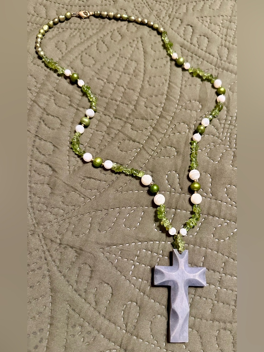 Green Beaded Cross Pendant Necklace